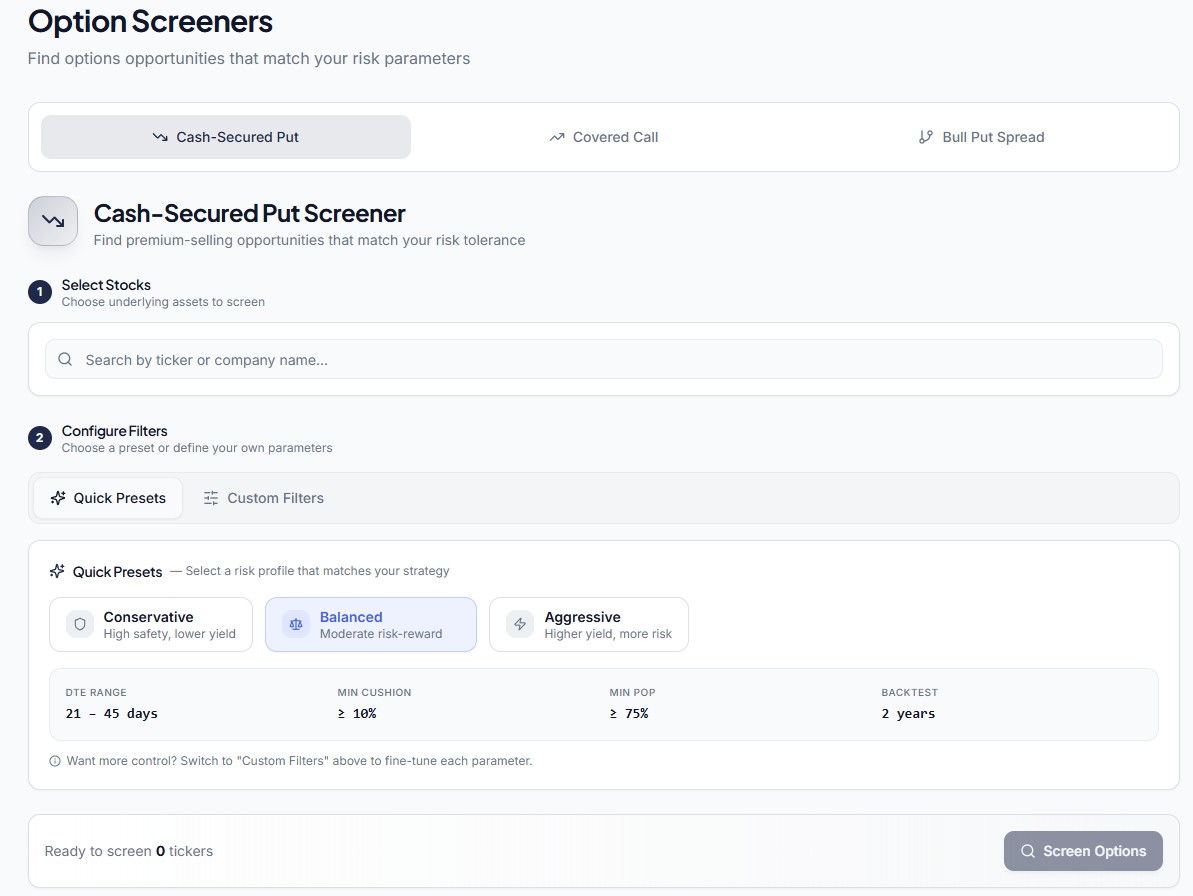 Option screener setup with strategy selection and risk presets